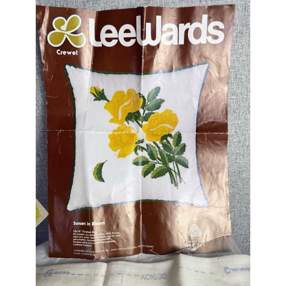Vintage 70s LeeWards Wool Crewel Embroidery Yellow Roses Sunset‎ In Bloom 14x14
